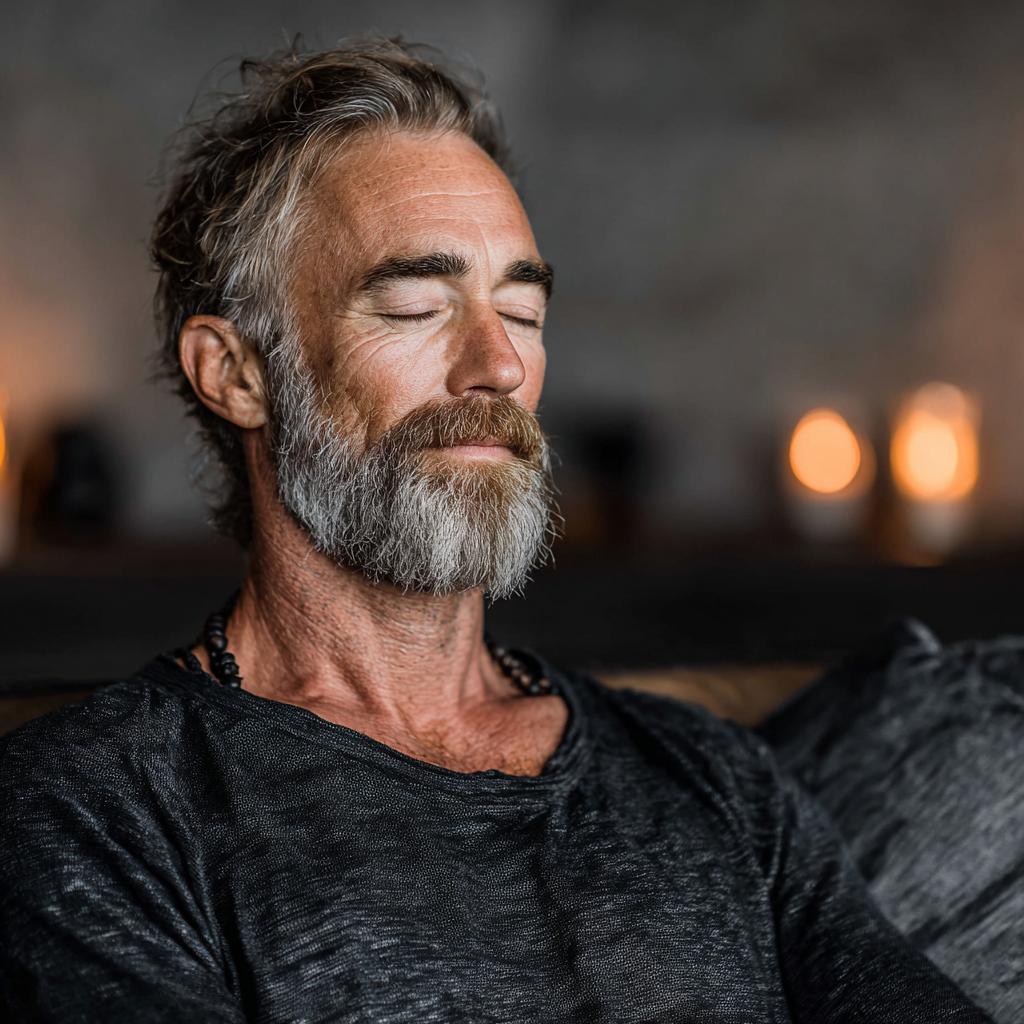 Чоловік 52 роки сидить у медитативній позі з закритими очима в затишному куточку студії