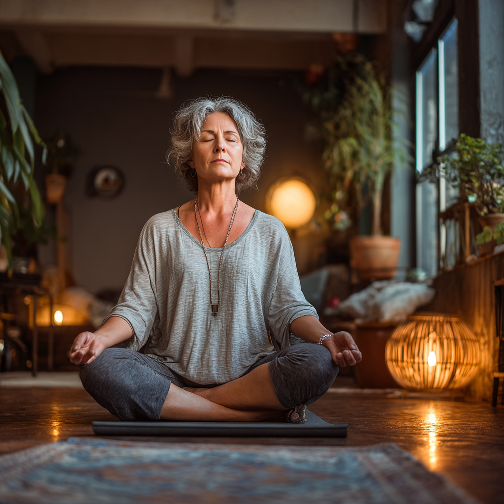Жінка 55 років виконує м'які асани йоги в затишній студії, демонструючи спокій та зосередженість