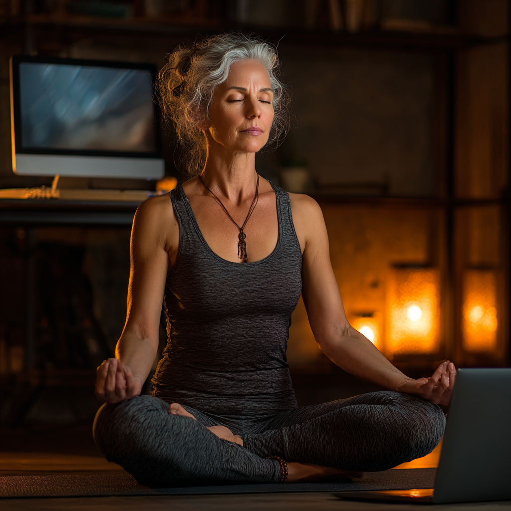 Жінка 58 років займається йогою вдома перед екраном комп'ютера, демонструючи онлайн практику